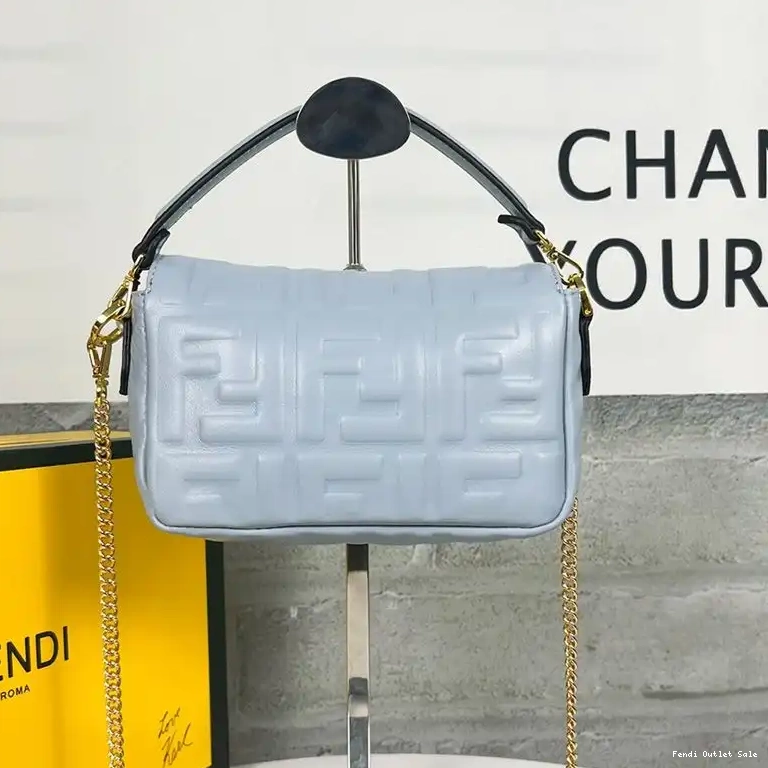 Affordable Fendi FF Blue Sky Baguette In Leather Nappa Motif Mini Bag 0615